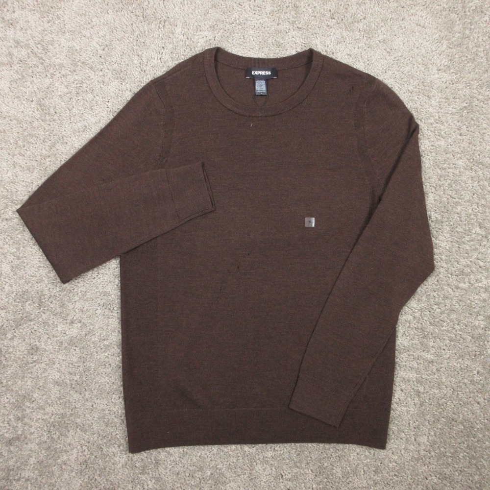 Express Sweater Mens Medium Brown Solid Knit Merino‎ Wool Crewneck Pullover